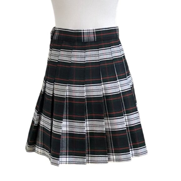 AMERICAN APPAREL BLACK WHITE RED PLAID HIGH RISE MINI PLEATED SKATER SKIRT - XS - Picture 4 of 9